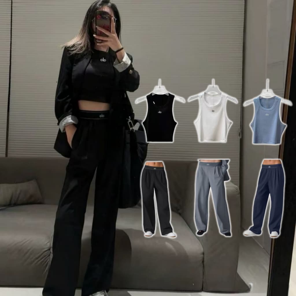 Conjunto De yoga Calças Compridas Femininas + Moda Cortada Roupas De 2 Peças Regata De Tricô Com Rosca