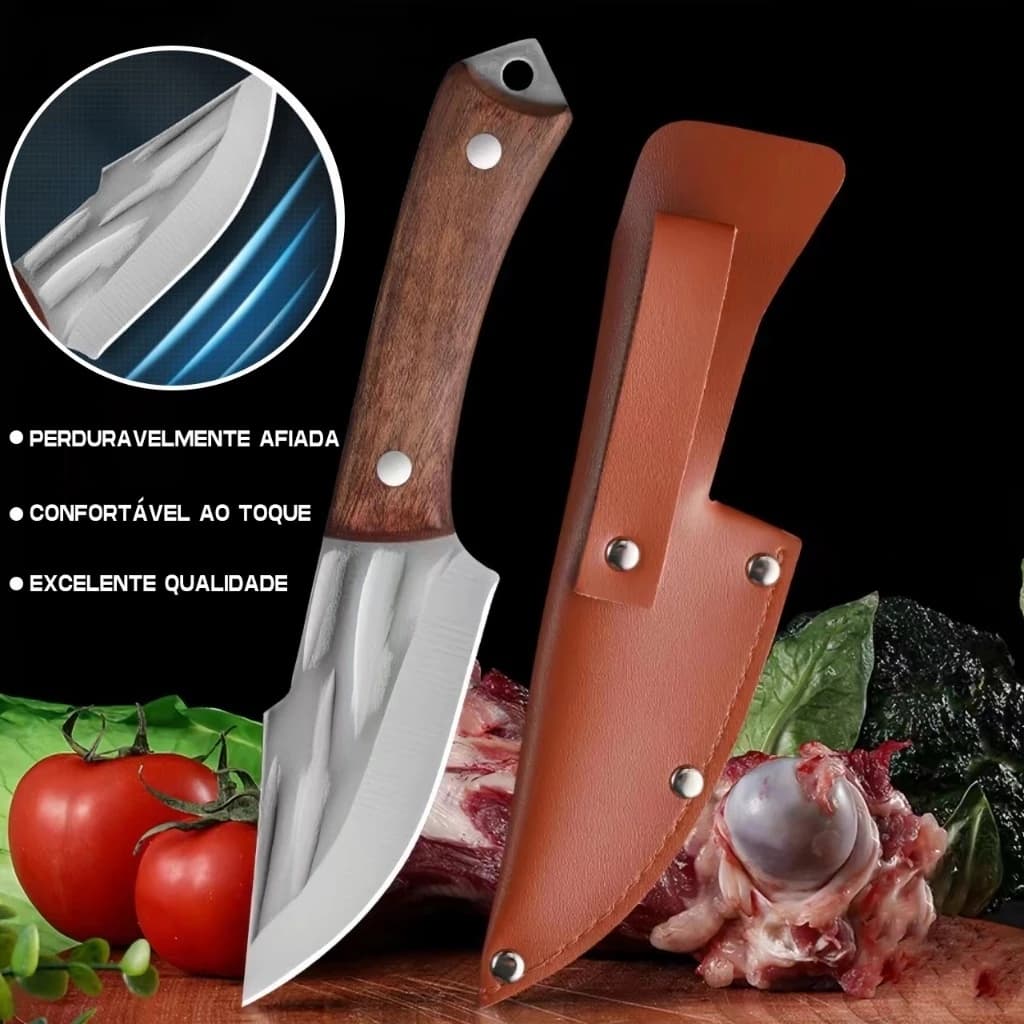 Faca Cutelo Forjado Artesanal Rustico Com Bainha Churrasco Desossar Carne Camping Chefe de Cozinha