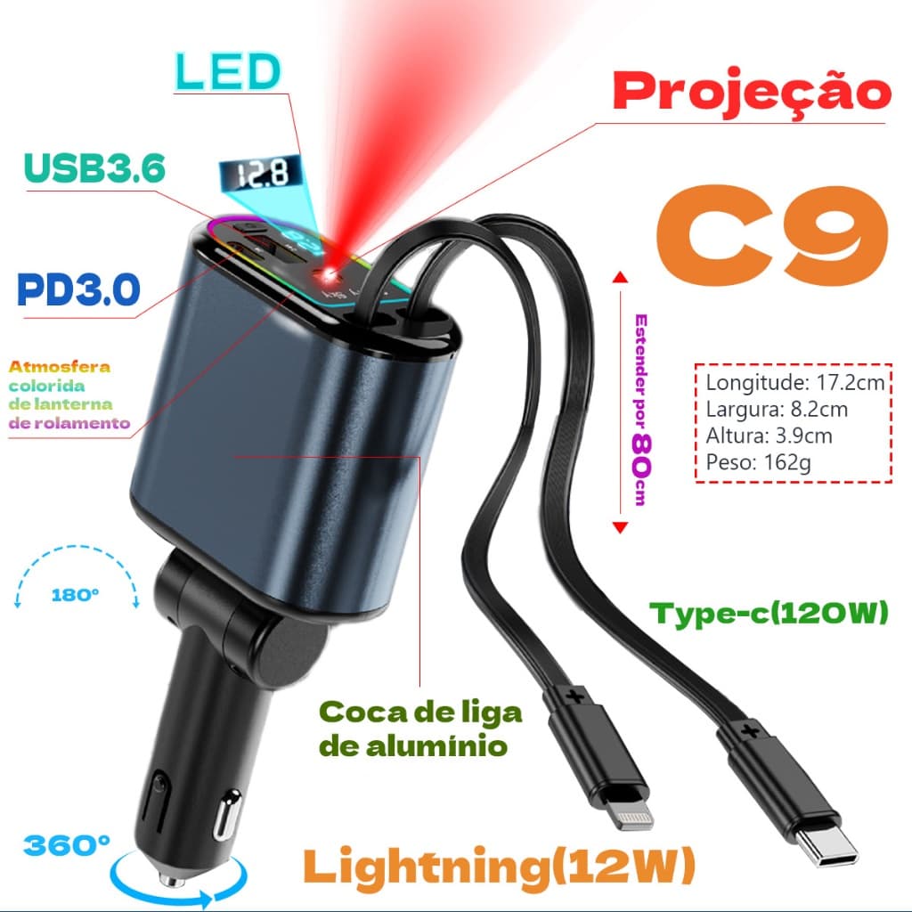 Carregador para carro com suporte para carregamento super rápido de 120 W Cabo retrátil de 80 cm Projeção Star Top 4 em1