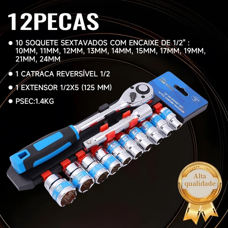 Jogo De Soquete Sextavado 1/2 Catraca 12 Peças 10 a 24mm com Extensão