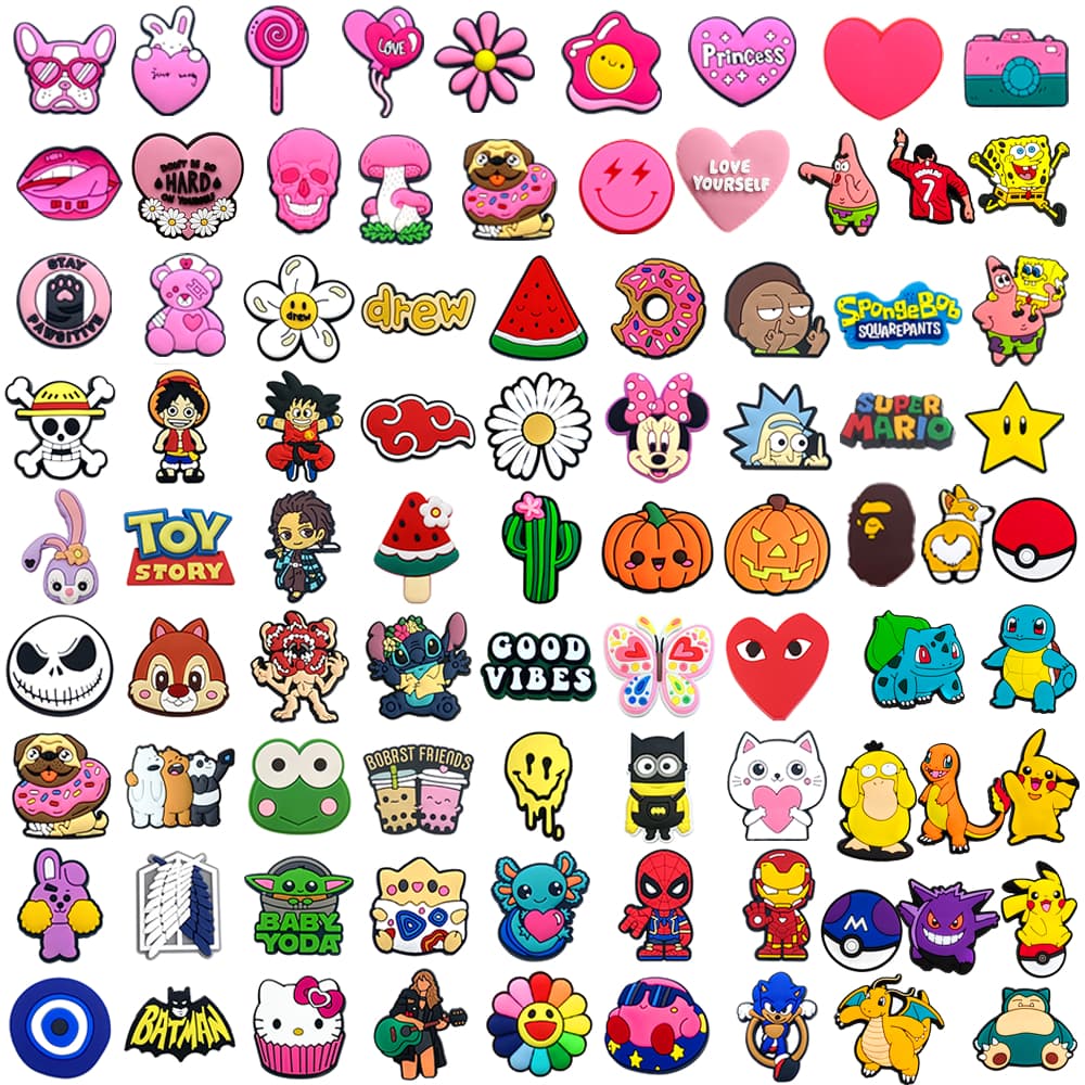 100 Estilo Sapato Encantos Decrations Dos Desenhos Animados Pequeno Fresco Anime Padrão Sandálias Fivela PVC Acessórios 