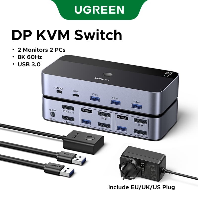 UGREEN DP KVM Switch 8K60Hz 2 Monitores 2 PCs Ultra HD Visuals USB 3.0 Transmissão De Alta Velocidade Para Mac OS Window