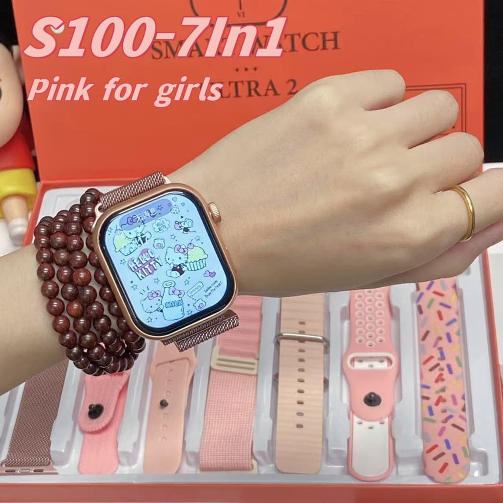 【Pink For Girls】Smartwatch S100 Ultra2⌚-Pressão Arterial + Monitor Cardíaco , Modos Esportivos , Notificações WhatsApp