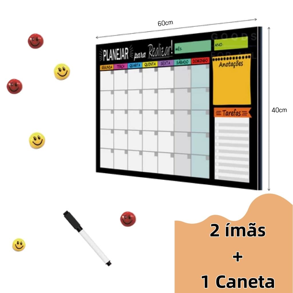 Quadro Lousa Planejador Mensal 40x60 Cm lindo +2 ímãs e 1 caneta com borracha
