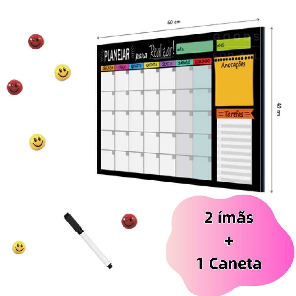 Quadro Planner Lousa de Anotações 40x60cm Planejamento Semanal Colorido + 6 imas e 2 Canetas com Apagador