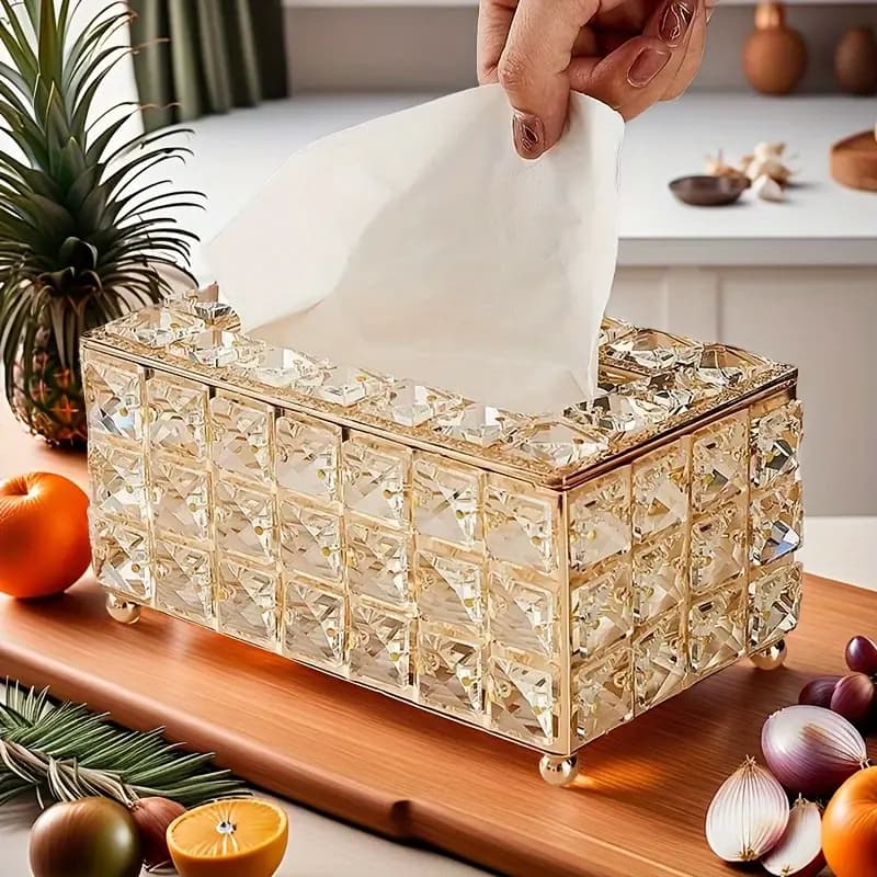 Caixa Porta Lenços De Papel Em Acrílico Cristal-Estilo Luxuoso Europeu, com Design de Corte Diamantado