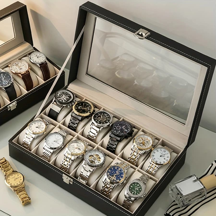 Estojo Porta Relógio 12/6 Nichos Couro Sintetico Organizador de Joias e Bijuterias