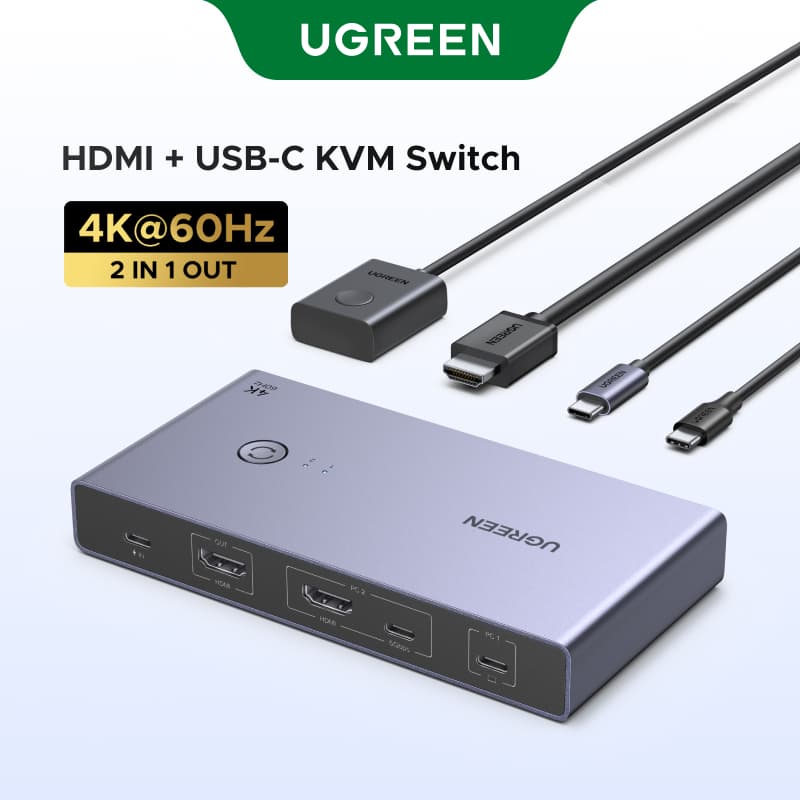 Switch Composto UGREEN USB-C KVM 2 Em 1 Saída , Gabinete De Alumínio 4K @ 60Hz 3.0 PD 100W , Entrada : + HDMI | : + 3 Al
