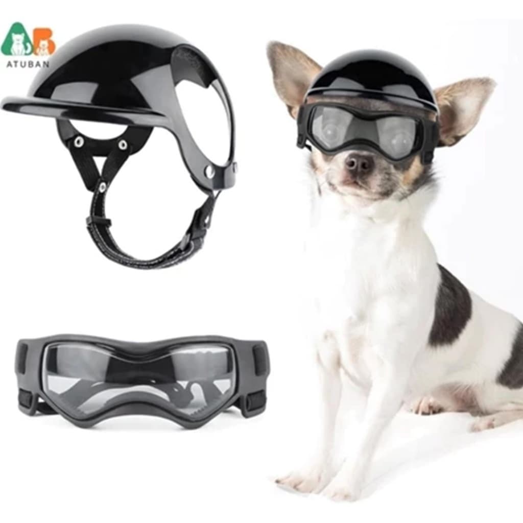Capacete e óculos para cães, pequeno chapéu de motocicleta com alças ajustáveis ​​para passear com o cachorro