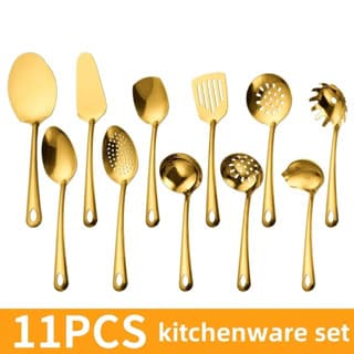 Kit 11/4 Peças Utensílios de Cozinha Dourado - Espátula Colher Concha Escumadeira Pegador de Pizza