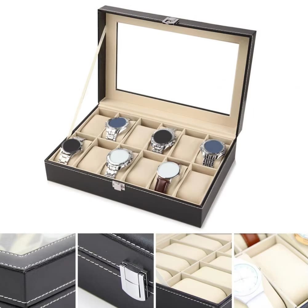 Caixa de relógio de couro ecológica, suporte de relógio de luxo, 6 ou 12 ranhuras