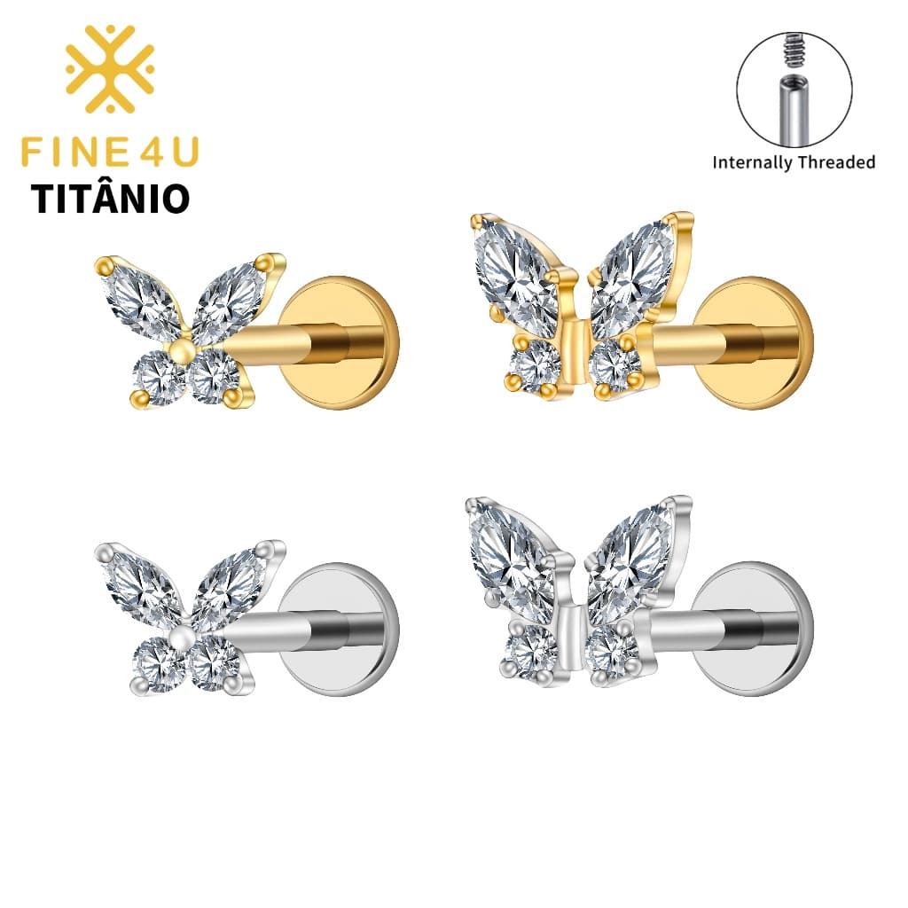 FINE4U Piercing Titânio Borboleta Com Zircônias Hipoalergênica Para Tragus Helix Cartilagem Lobulo
