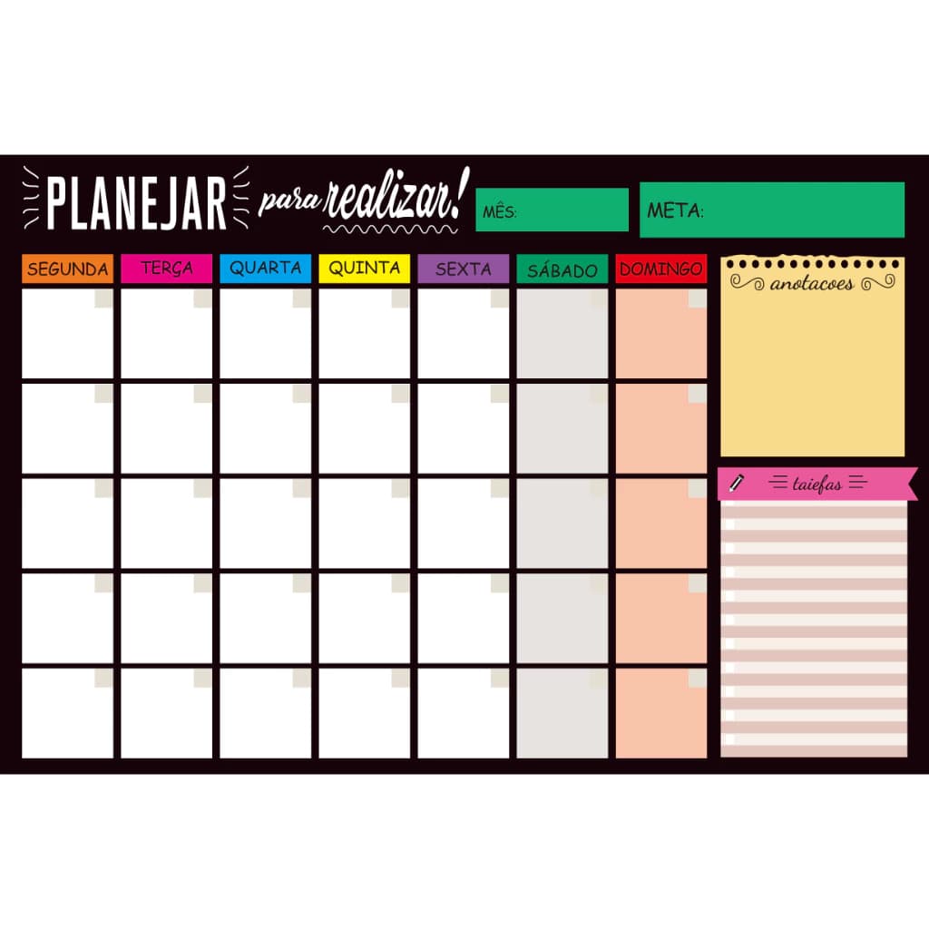 Quadro Planner Lousa Magnética de Anotações 60x40cm Planejamento Semanal Colorido + 2 imas e 1 Canetas com Apagador