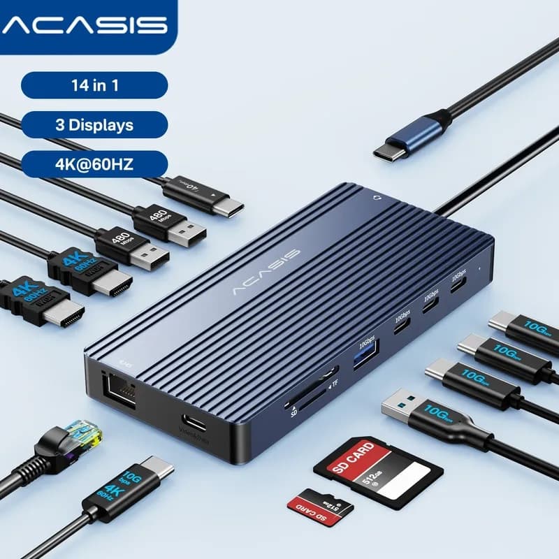 Estação De Acoplamento De Mesa ACASIS USB-c (14 Em 1) Hub De Para Laptop Tipo , Tela HDMI 4K , DP 4K @ 60 HZ , 2 * USB3.1 10GBPS , SD/TF , Áudio , RJ45 Mac E Windows