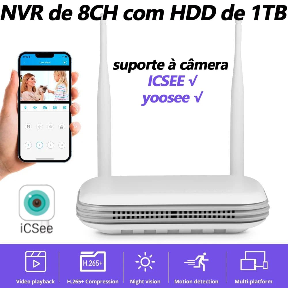 Gravador De Vídeo NVR WiFi de 4/8 canais com HDD (opcional), adequado para sistemas de segurança sem fio ICSEE/yoosee