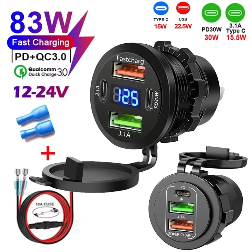 2025 Novo 4 Em 1 85W Carregador De Carro PD + QC3.0 Com LED Voltímetro Tomada Adaptador De Energia À Prova Dwaterproof Á