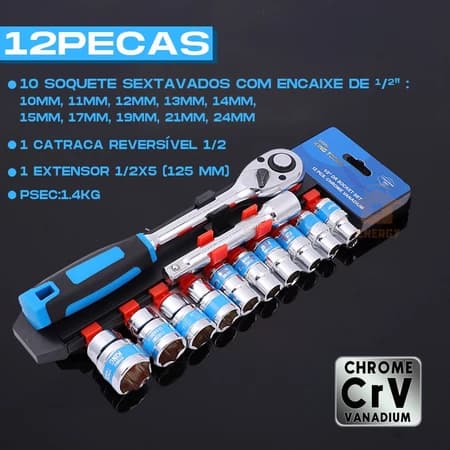 Jogo De Soquete Sextavado 1/2 Catraca 12 Peças 10 a 22mm com Extensão
