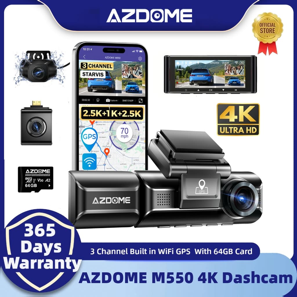 AZDOME M550 Dash Cam 3 Canais , GPS WiFi Integrado , Com Cartão De 64 GB, Visão Noturna IR