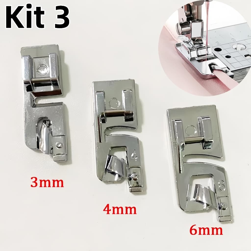 03 Sapatas Calcador Sapatilha Bainha Enrolada 3mm 4mm E 6mm