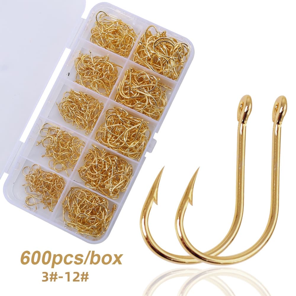 Kit Caixa de Pesca com 600 Anzóis Chinu Dourado #3 ao #12