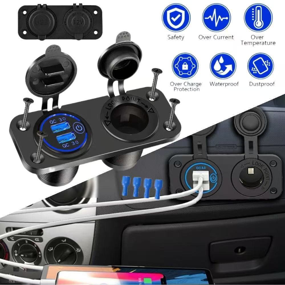 Tomada De Carregador De Carro Com Interruptor De Toque Divisor De Isqueiro Duplo 12V USB Adaptador Energia À Prova D'águ