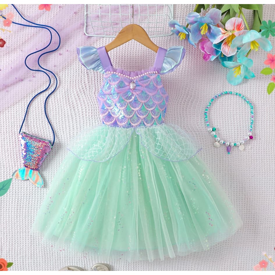 Meninas manga voadora gaze doce lantejoulas trajes sereia vestido de princesa