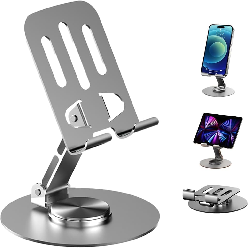 Suporte Giratório 360° p/ Celular e Tablet - Base Ajustável em Alumínio - Mesa ou Escritório