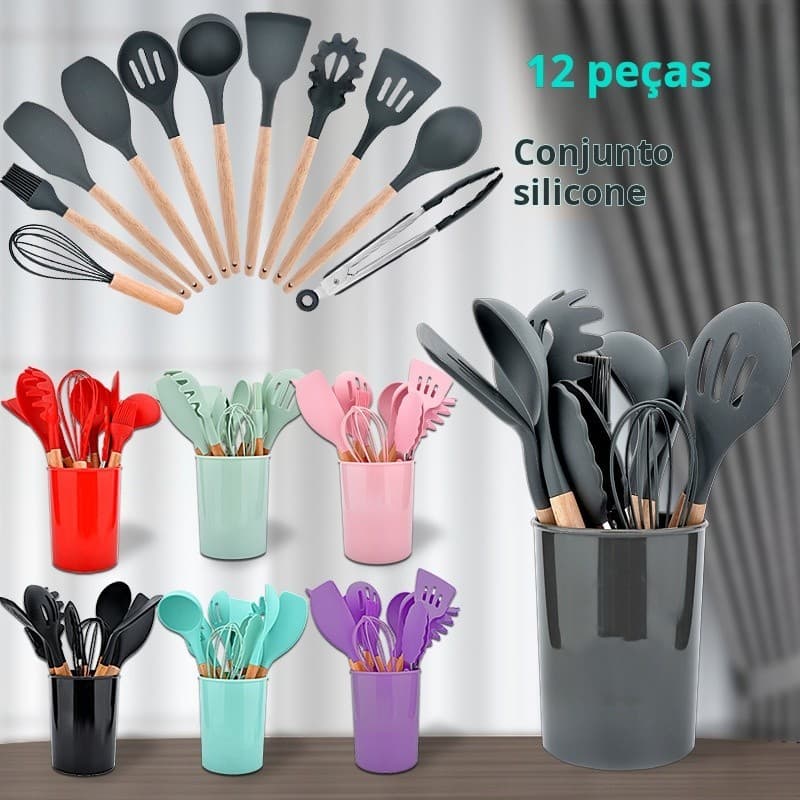 Kit de utensílios de cozinha/12 peças Utensílios de cozinha Silicone Decoração de madeira sem BPA