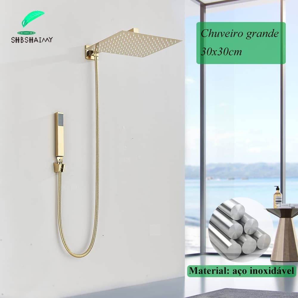 Kit Ducha Chuveiro Ouro Polido 30x30cm Quadrado De Aço Inoxidável Com Escorregador E Manual