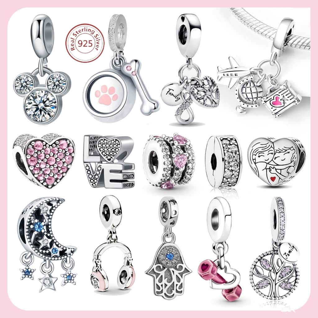 Novo Berloque De Prata 925 Pingente Charme Charms Clássico Diamantes Rosa Encantos Para Pulseiras