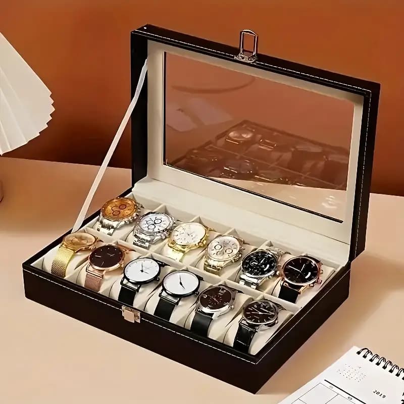 Estojo Organizador de Relógios 6 ou 12 Compartimentos Couro Sintético