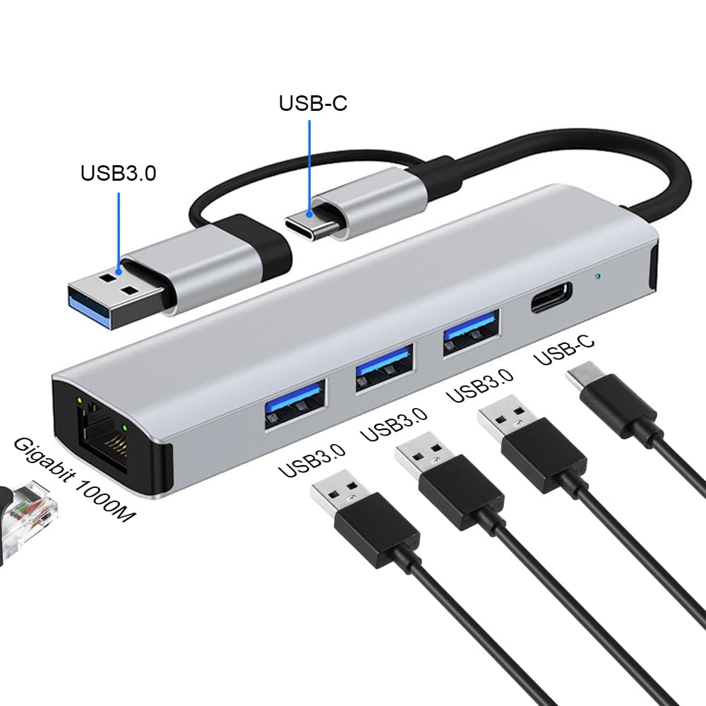 HUB 5 Em 2 USB 3.0-C RJ45 1000m Adequado Para laptops , Telefones Celulares , tablets