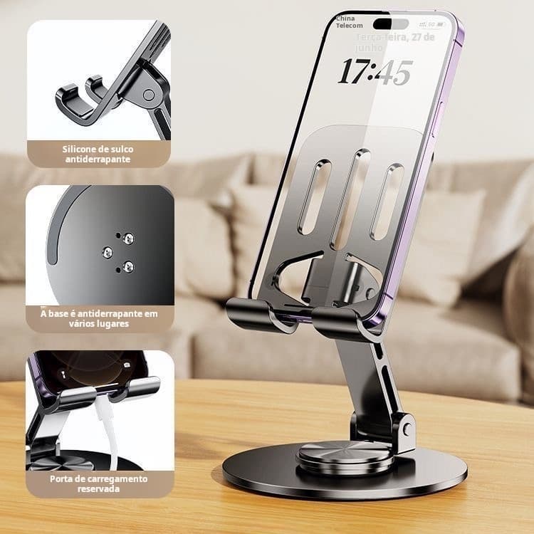 Suporte Giratório 360° Alumínio - Ajustável p/ Tablet e Celular - Estável em Qualquer Superfície