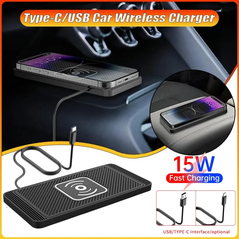 15W Tipo-C USB Carregador Sem Fio Do Carro Inteligente Detecção Automática Antiderrapante Borracha Almofada De Carregame