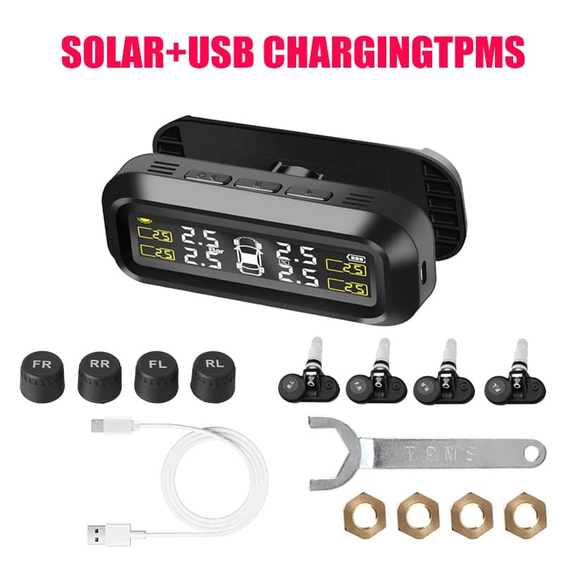 Sistema De Monitoramento De Pressão Dos Pneus Com Energia Solar Monitor Do Carro Alarme 4 Sensores Externos