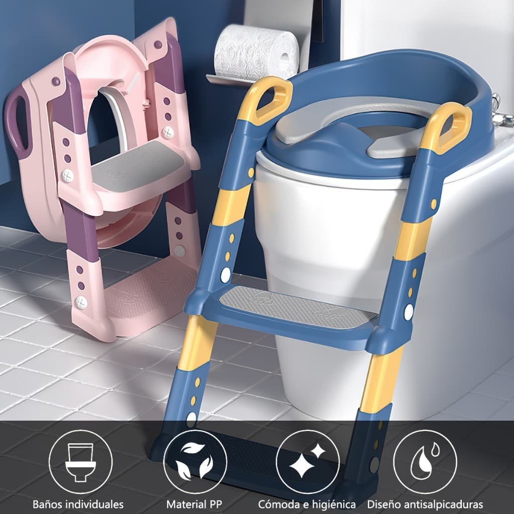Escadinha para vaso sanitário infantil com dois funções escada e assento sanitário. Três cores disponíveis.
