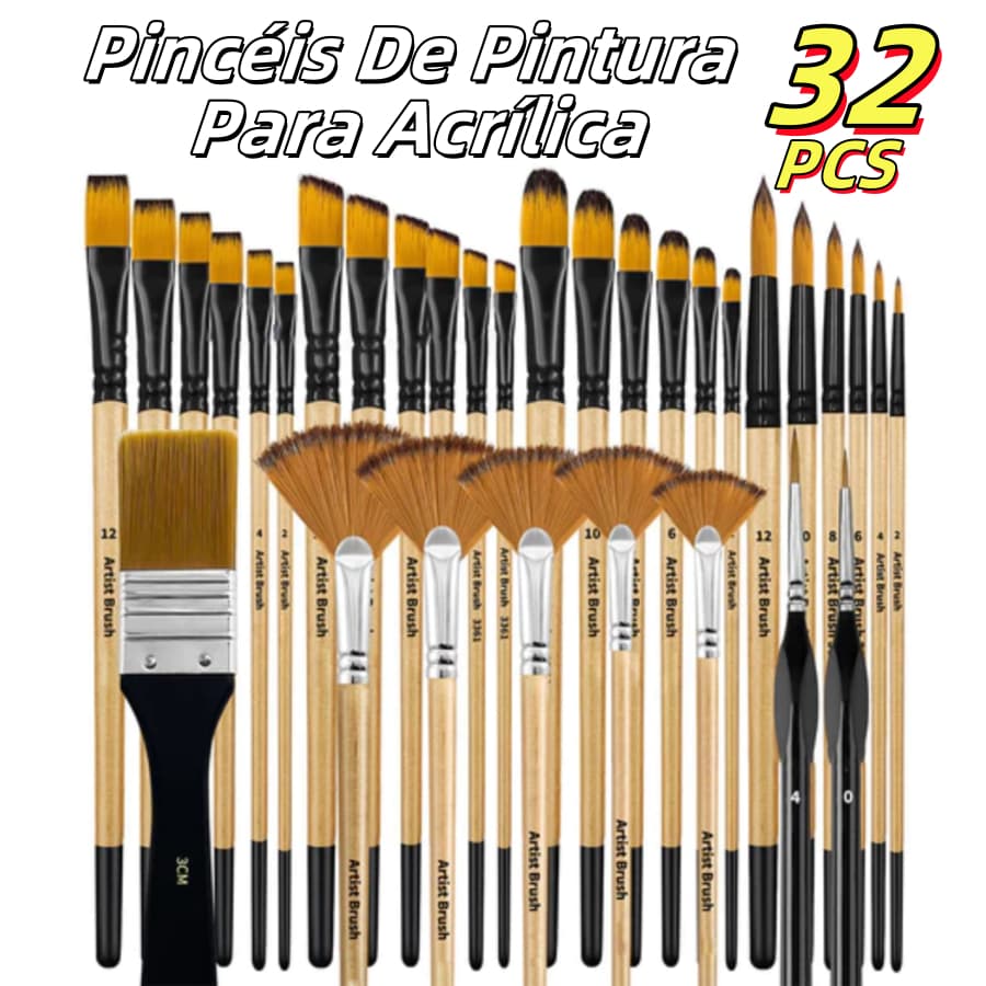 Kit 32 Peças Pincéis De Pintura Para Acrílica, Cerdas De Nylon Premium Com Redondo, Filbert, Plano, Ventilador