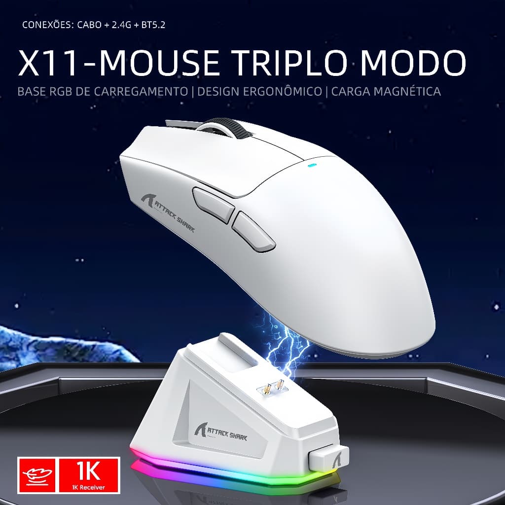 Mouse Sem Fio Attack Shark X11 Conexão Tripla 2.4 Ghz/Com/Bluetooth PAW3311 22000DPI 400IPS RGB PC Gaming
