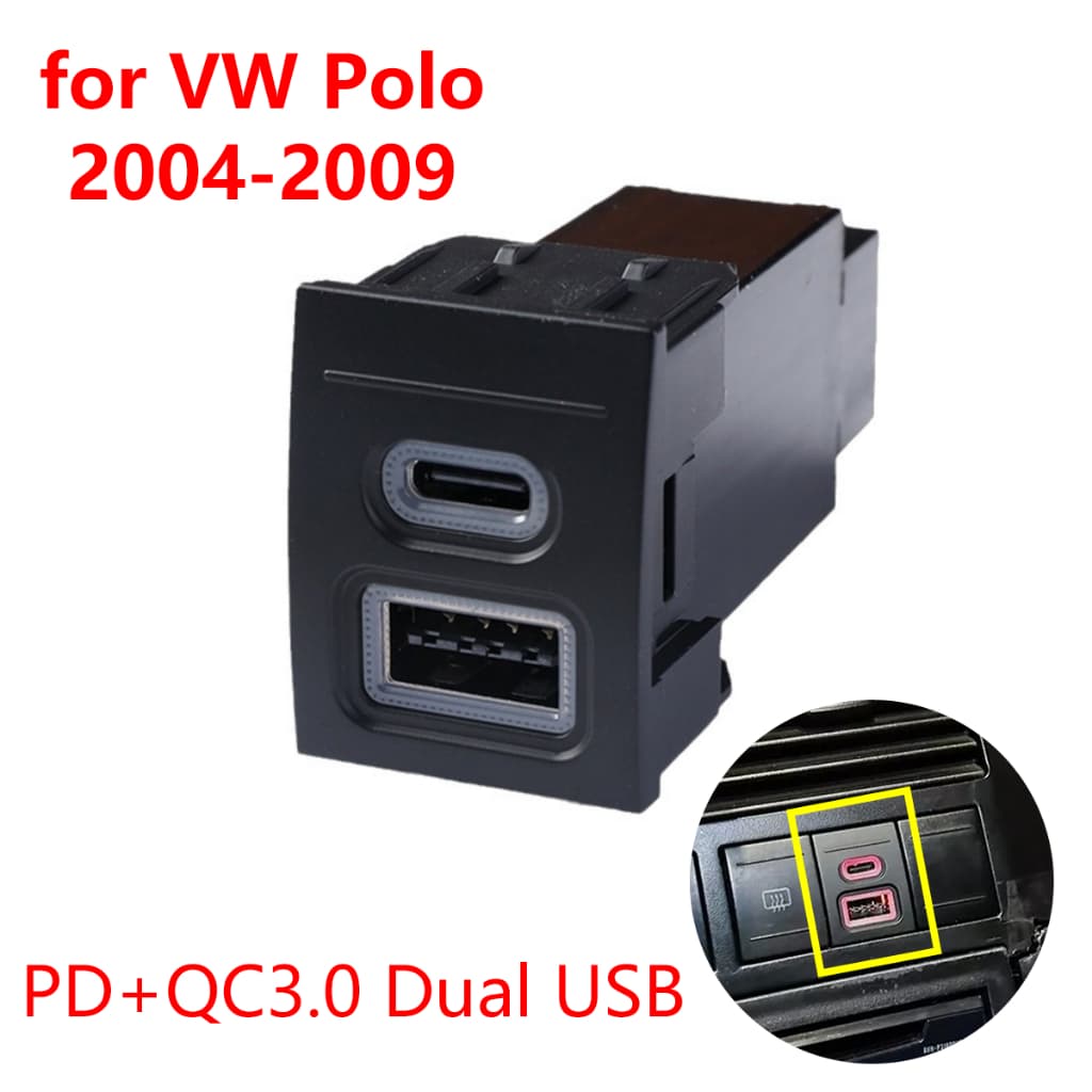 Para VW Polo 2004-2009 Carregador Rápido Carro PD Carregamento Duplo QC3.0 Tipo C Tomada De Interface