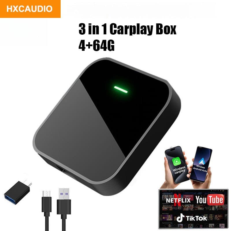 Adaptador Automático Sem Fio CarPlay Android AI Box Para iPhone Com Netflix/YouTube 4 + 64GB
