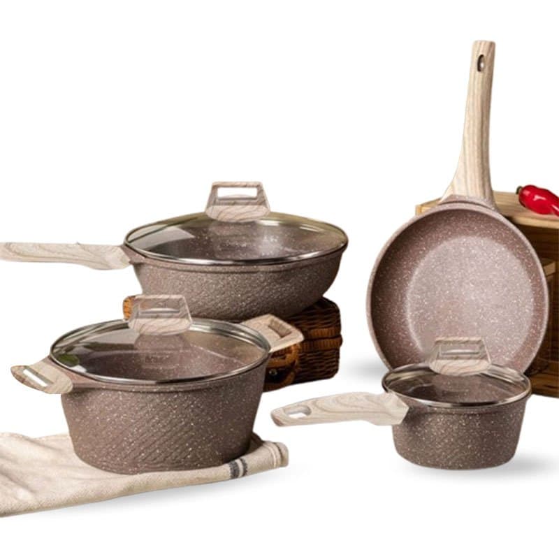 Jogo de Panelas 4 Peças Indução Gás Conjunto de Panelas Cerâmico Cabo Ergonômico Madeira