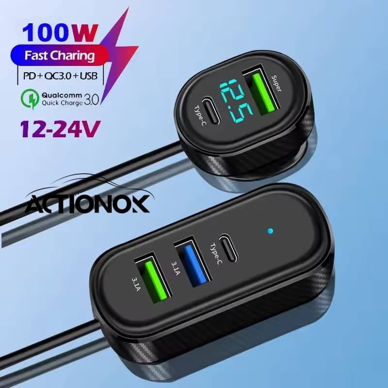ACTIONOK 12V-24V 100W max 5 Em 1 Carregador De Carro 66W Carregamento Super Rápido USB Duplo + Tipo C Com Display De Ten