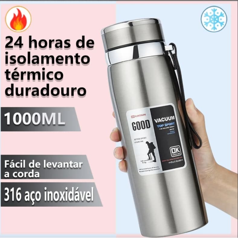 Garrafa 1000ml Inox Térmica Com Infusor Prata Dourada De Água Café Parede Dupla Com Alça