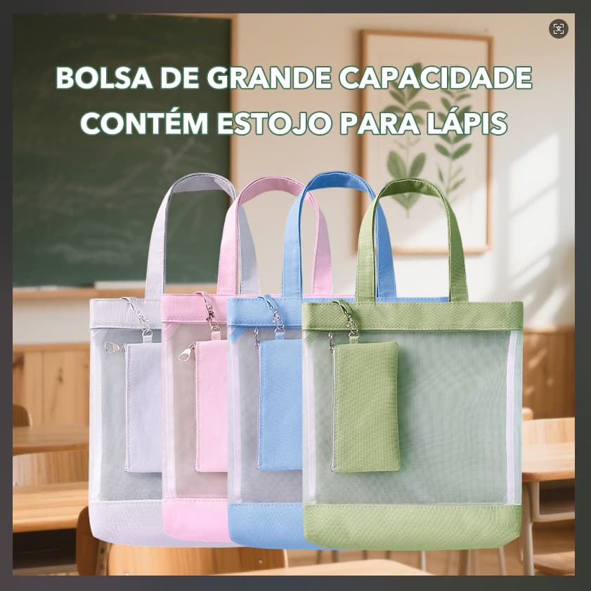 Bolsa de Estudos Grande Capacidade em Cores Mondrian - Bolsa Transparente com Alça de Malha para Aula de Reforço,