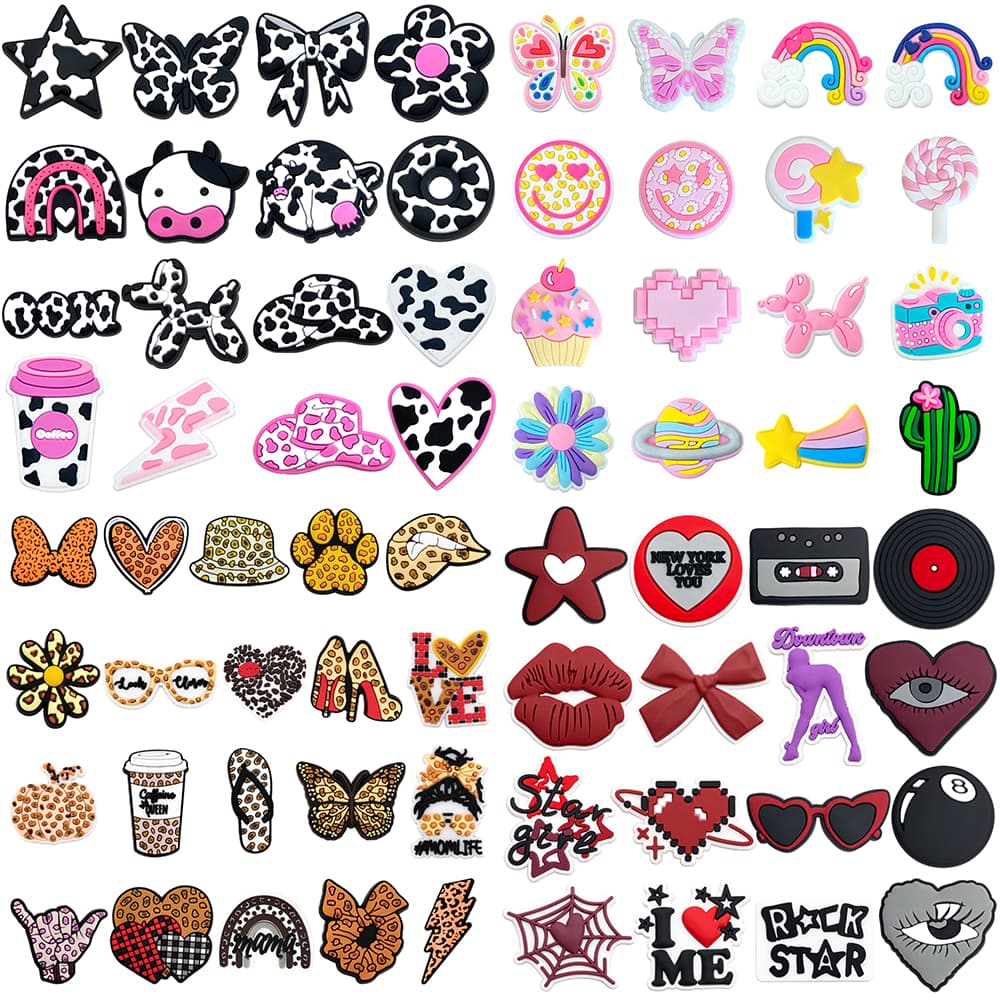 MEIDJ Encantos De Sapato 68 Decorações De Desenhos Animados Rosa Y2K Vaca Leopardo Impressão Acessórios De PVC Com Botão