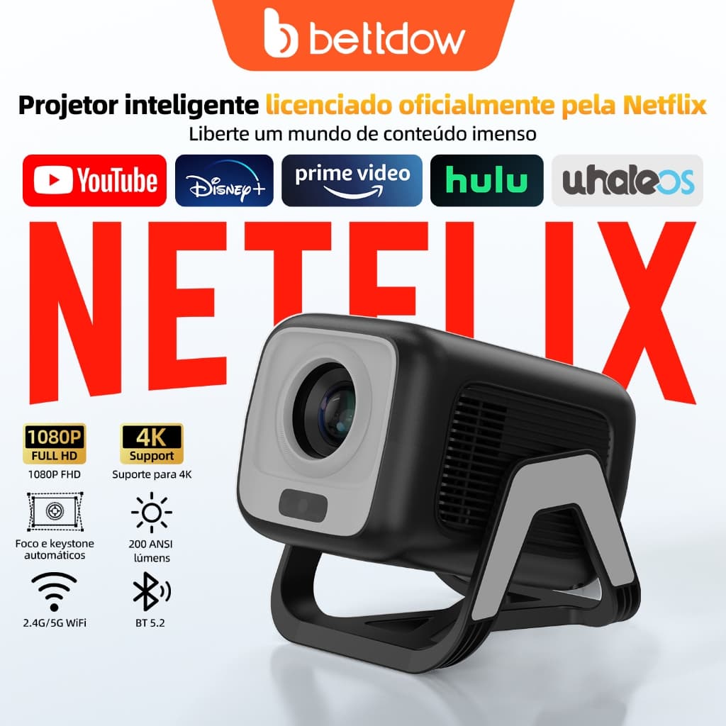 BETTDOW Projetor Netflix Genuíno 1080P Resolução Full 4K HD Android 13.0 E AI Controle De Voz Ampla Compatibilidade