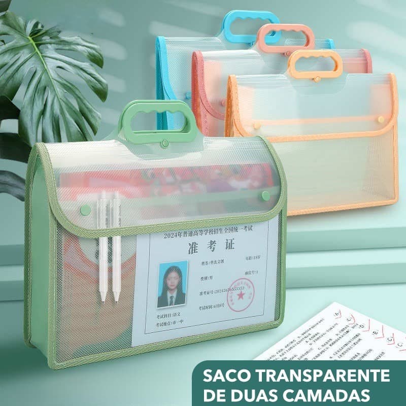 Pasta Transparente de Dupla Camada para Estudantes | À Prova d'Água e Resistente à Sujeira | Grande Capacidade