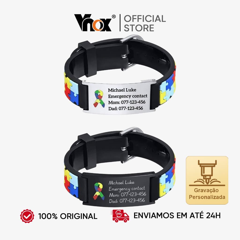 VNOX Cuastom Engrave Pulseira Infantil Autismo Puzzle Colorida - Nome Personalizado Em Aço Inoxidável Para Crianças
