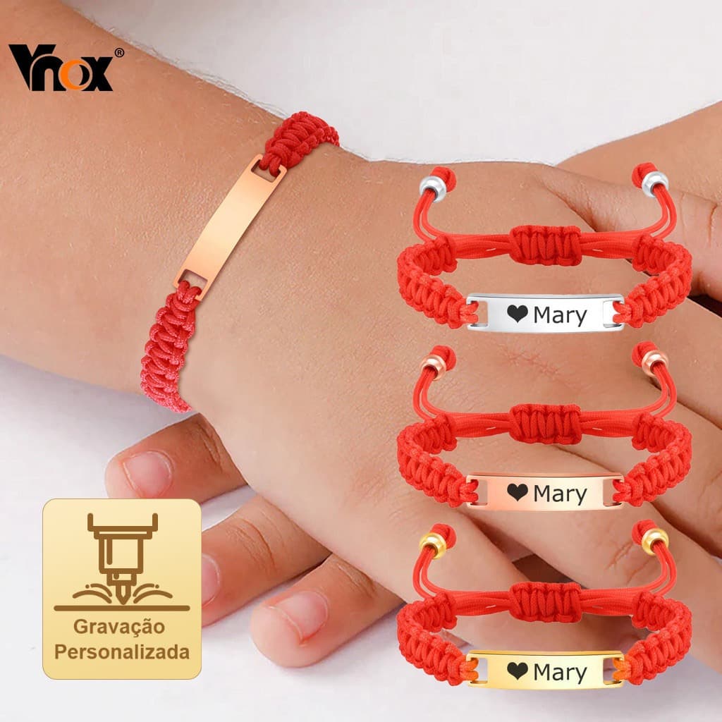 Pulseira Gravada Com Trança De Corda Vermelha Vnox Para Bebês E Crianças , Ajustável Nome De Bebê Em Aço Inoxidável , Pr