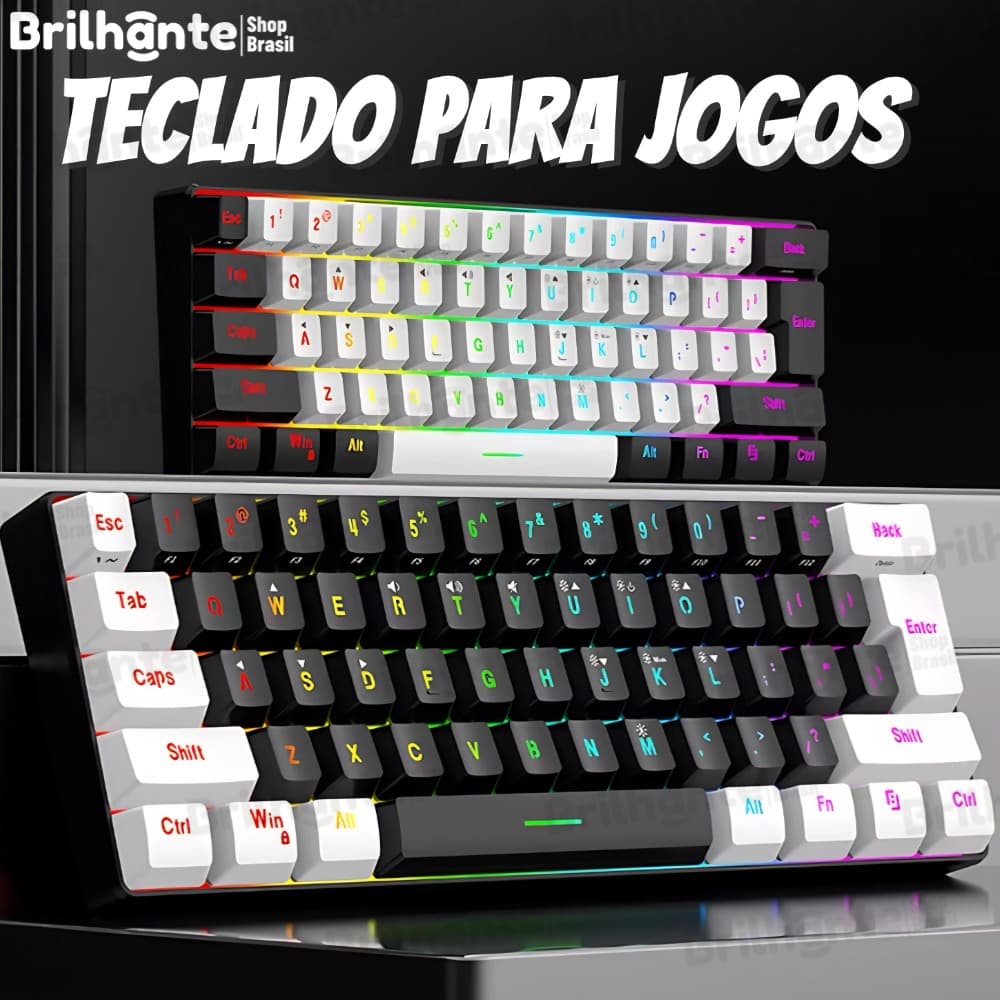 Teclado com fio 61 teclas RGB Backlight Mini cabo de alimentação plugável USB-C compacto-BI